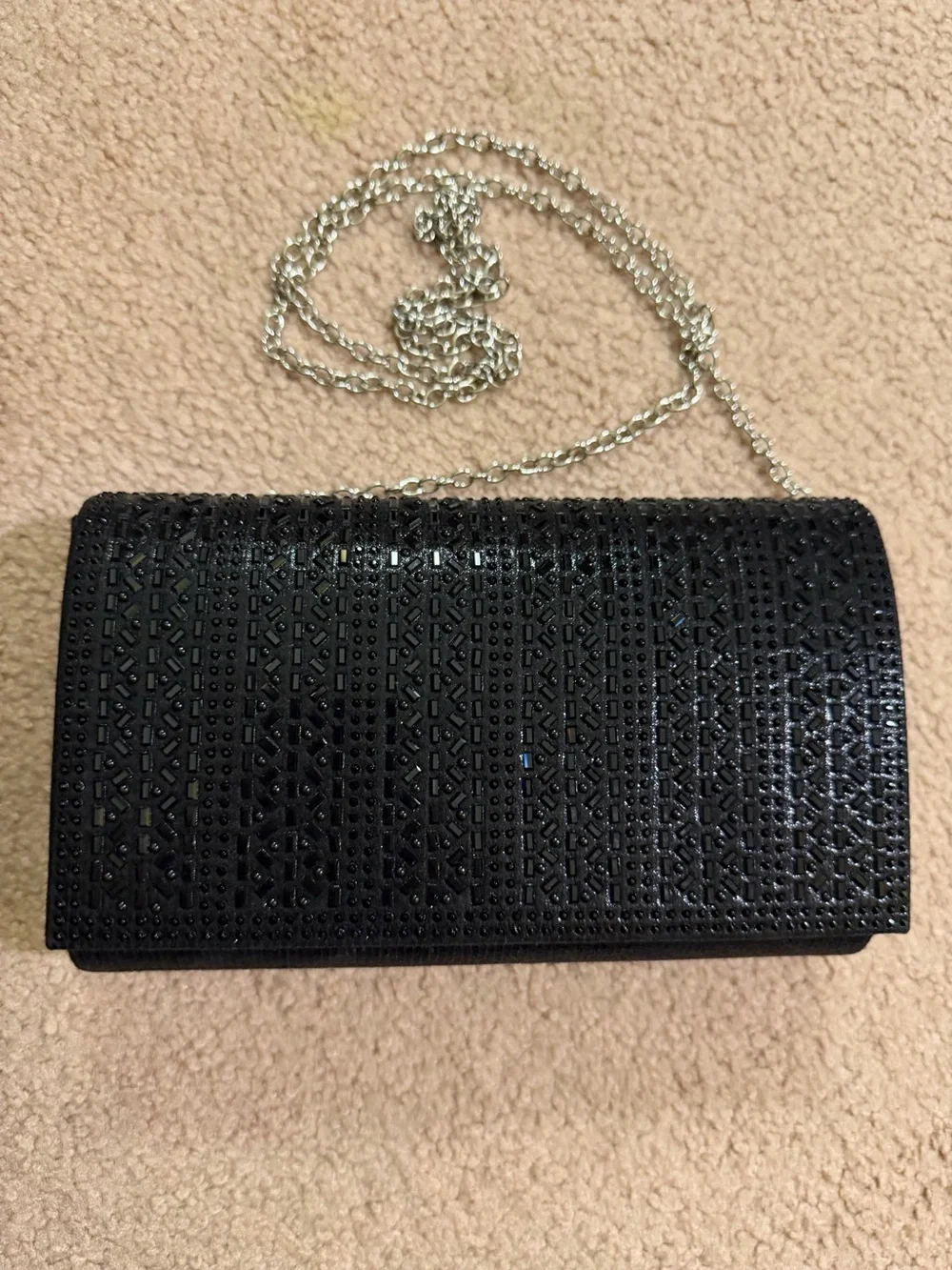 Black Beaded Evening Clutch Crossbody Purse Silver Chain NWOT Formal